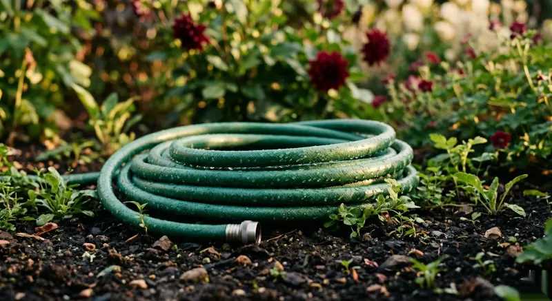 Tuyau d'arrosage vert lové dans un parterre fleuri.