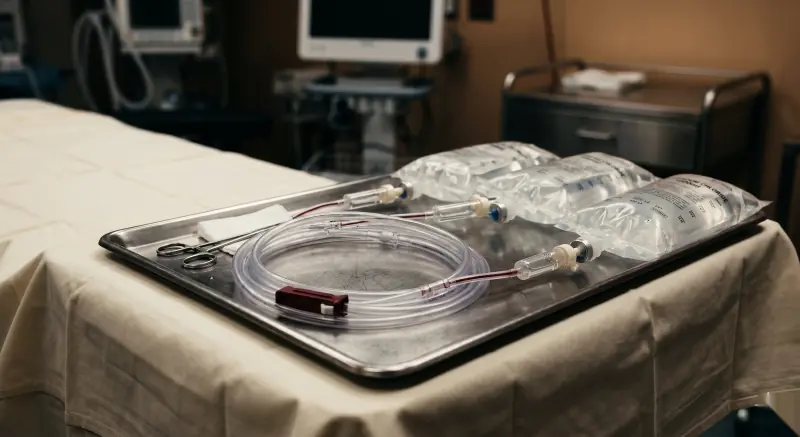 Plateau médical inox avec poches de perfusion et tubulures en PVC souple.