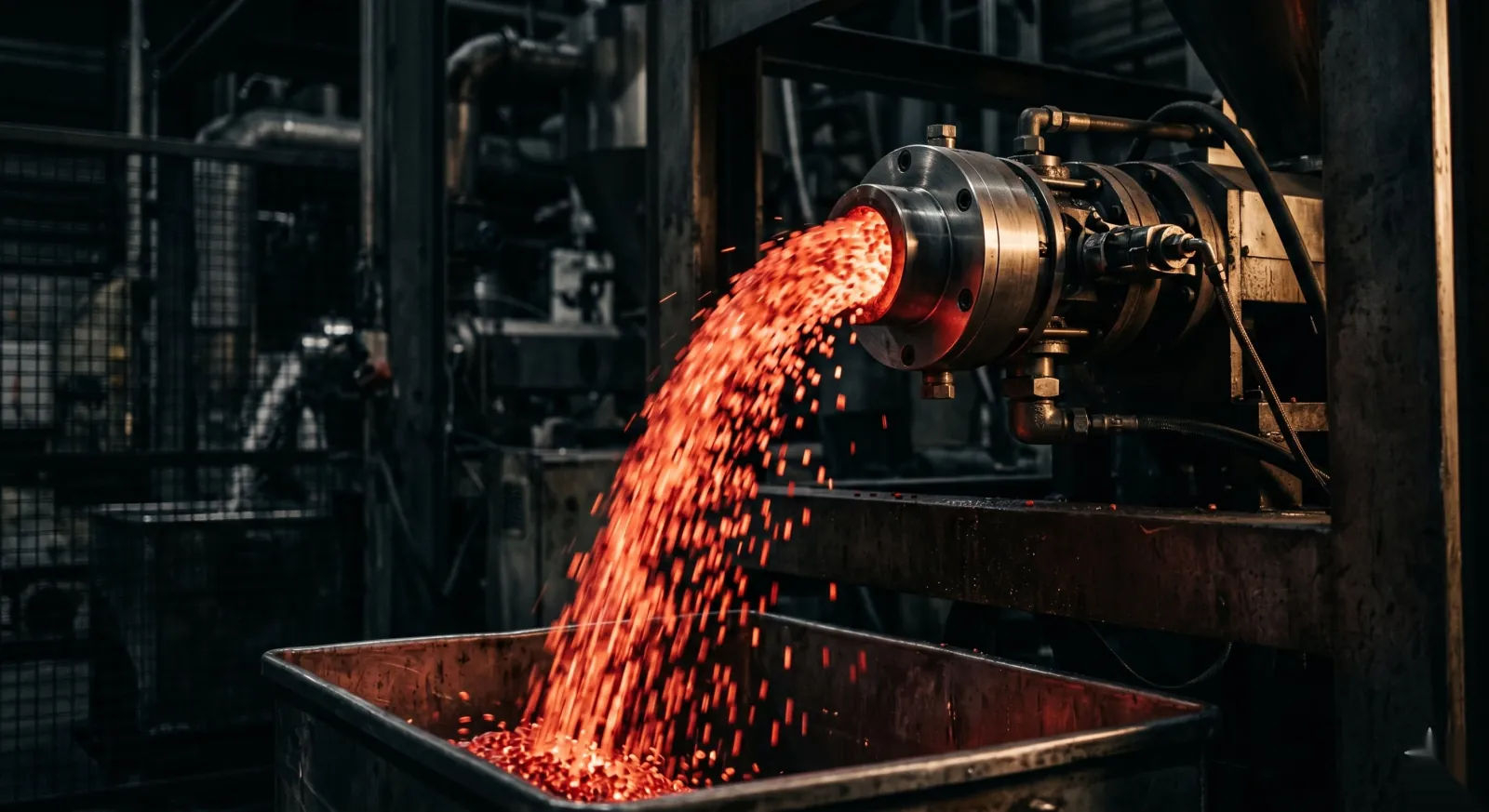 Sortie de filière d'extrusion — granulés PVC compound rouge en chute dans le bac de réception.